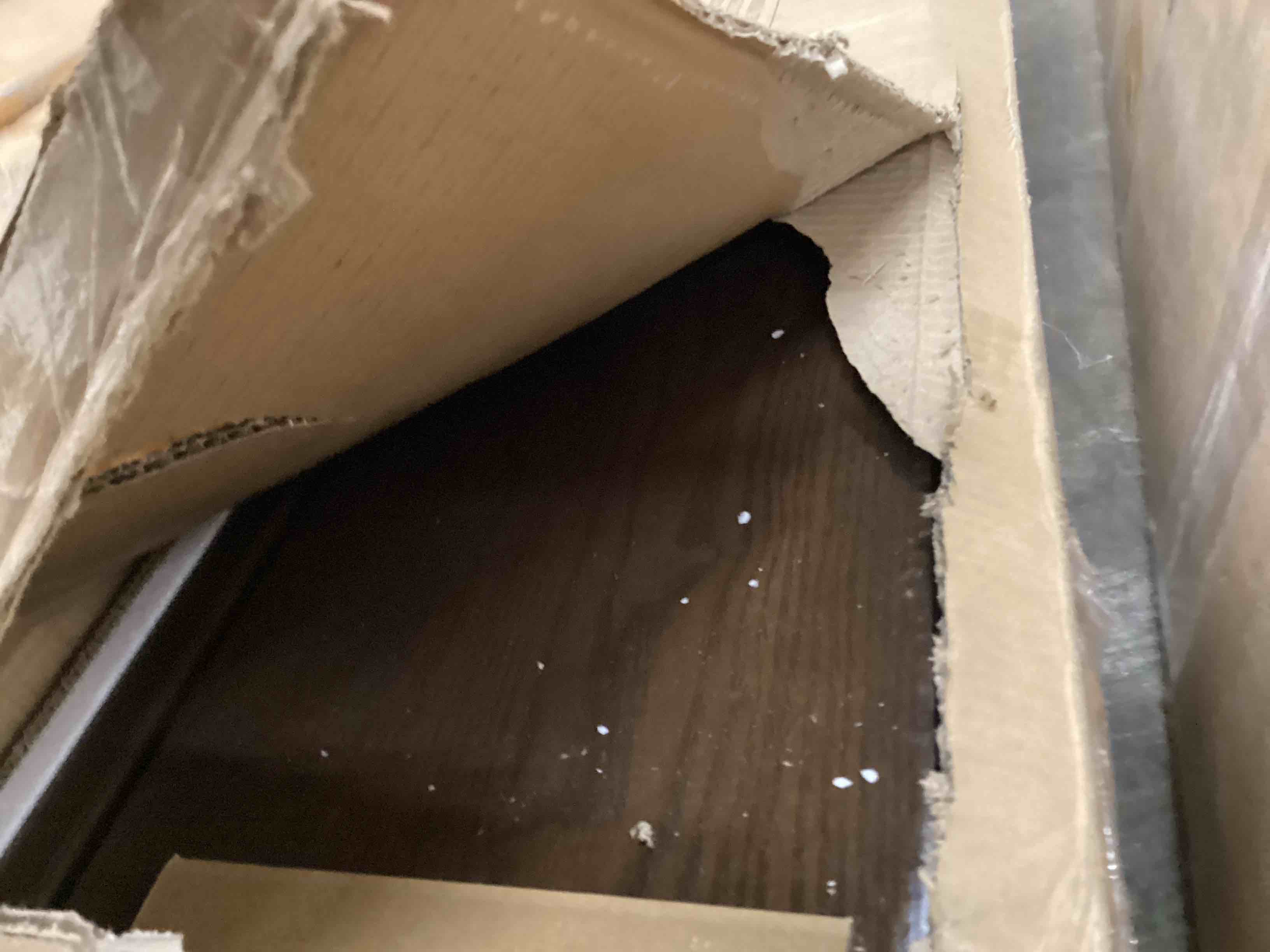 Condition photo showing As Is for milano walnut wood upholstered queen bed (incomplete box 2 only)