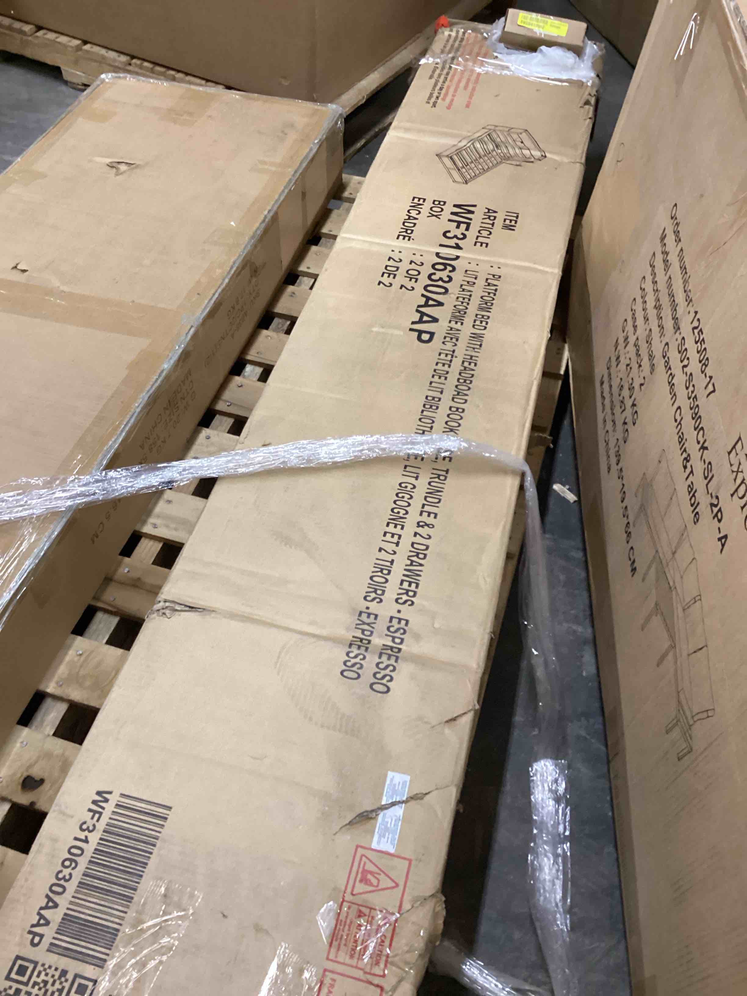 Condition photo showing As Is for storage platform bed with pull out shelves, wood bed frame with twin size trundle and 2 drawers for bedroom, no box spring needed,easy assembly (espresso, full) (incomplete box 2 of 2) 