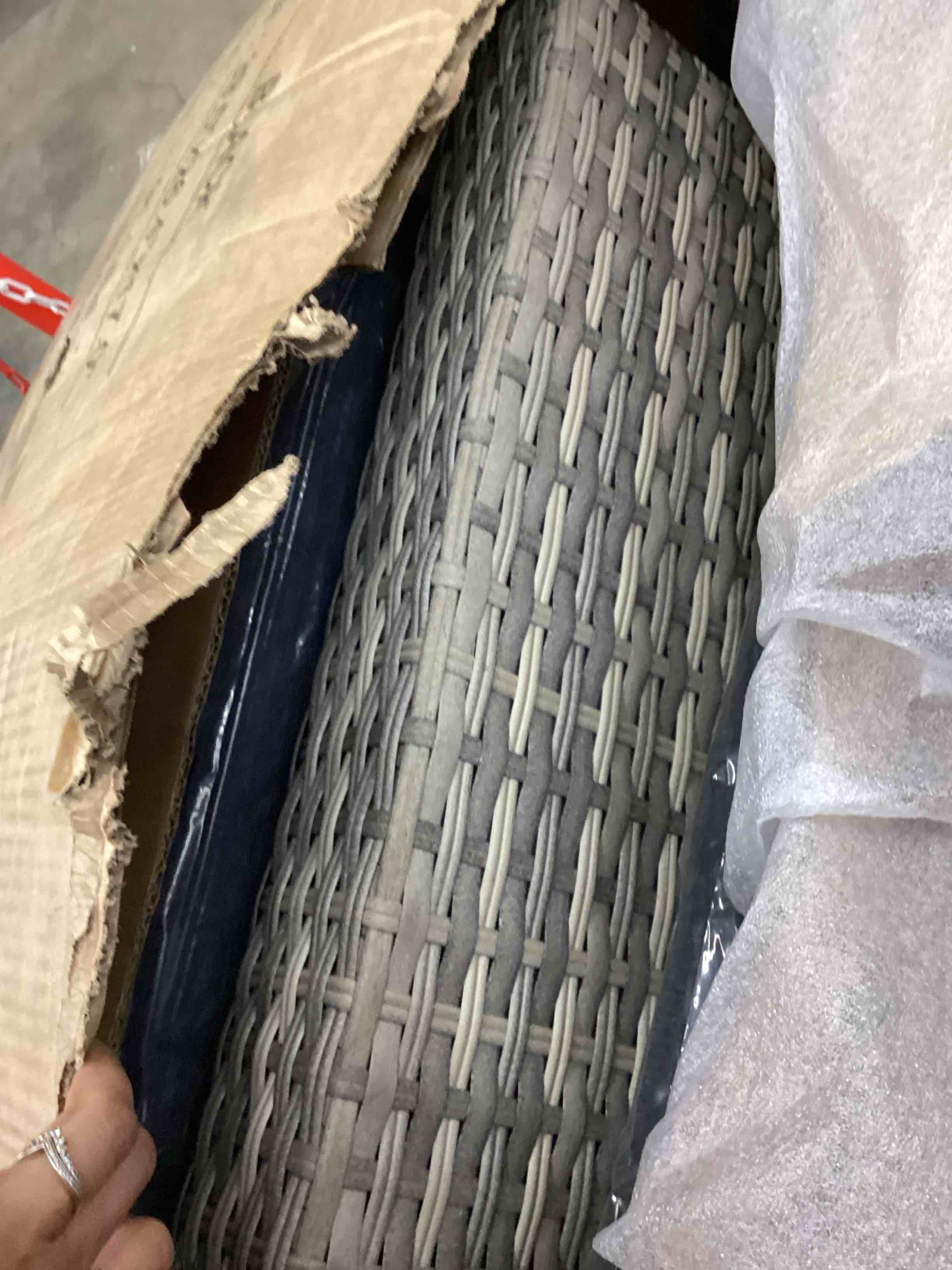 Condition photo showing As Is for 7 pieces patio conversation set, outdoor sectional pe rattan wicker furniture seat,dark gray (incomplete box a only;