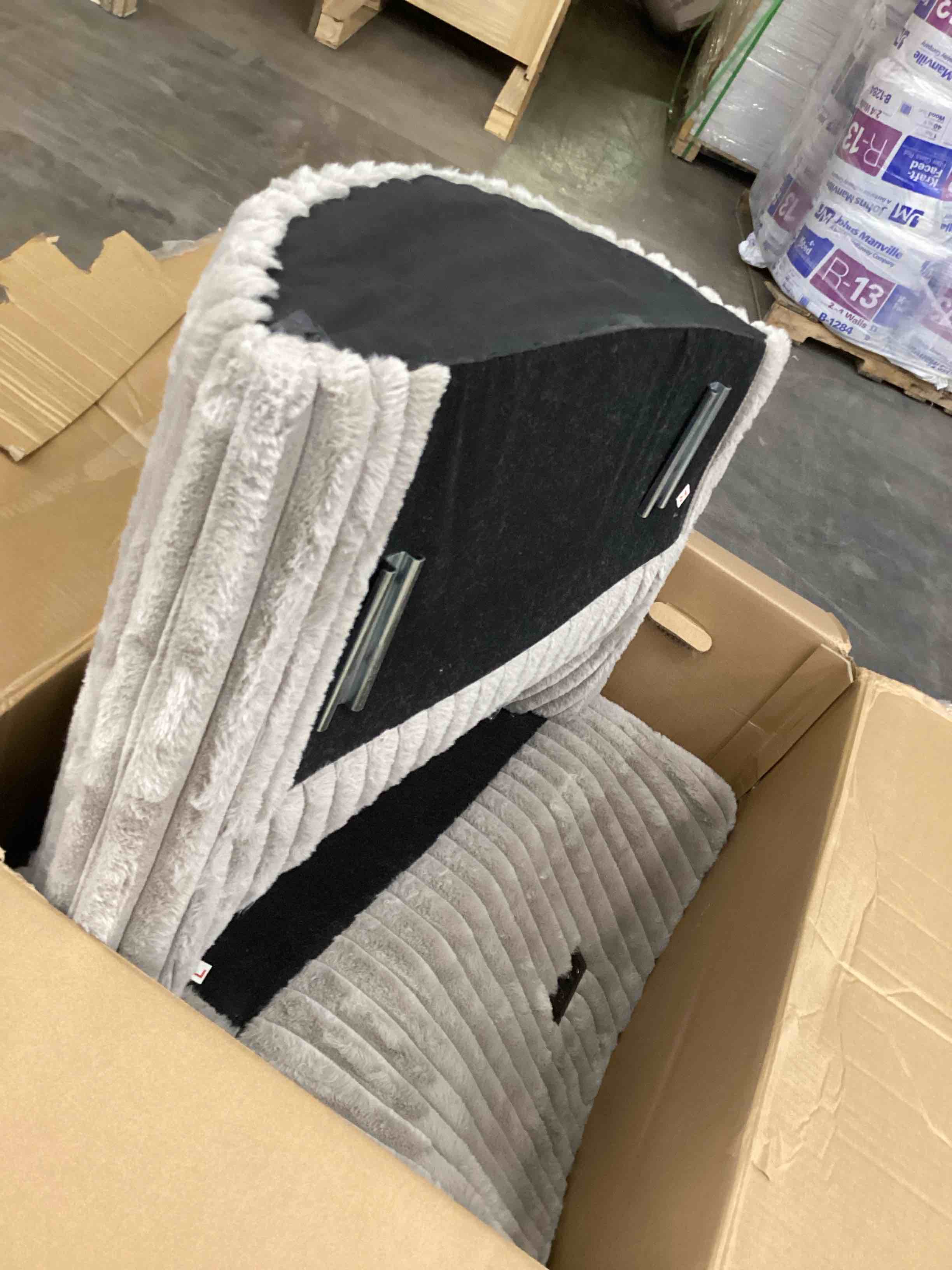 Condition photo showing As Is for recliner 360°swivel glider rocking chair,upholstered nursery adult rocking chair with 2 pillows for living room bedroom(lightgrey corduroy, manual operation) (incomplete box 2 only arms)