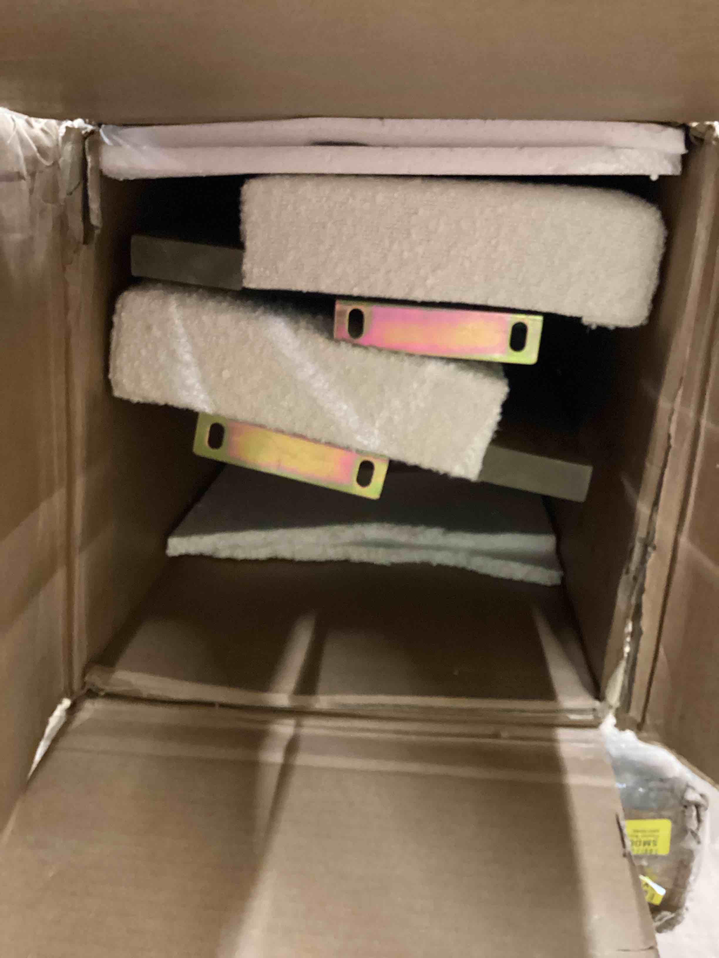 Condition photo showing As Is for dg casa porter floating queen size bed frame with wood plinth base - upholstered in boucle fabric - box spring not required (incomplete box 2 of 2 only ) 