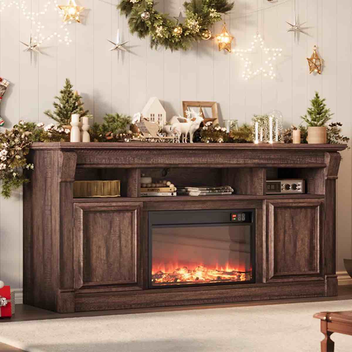 68" farmhouse tv stand for tvs up to 75", entertainment center, brown by latitude run® (incomplete don’t include electric fireplace) 