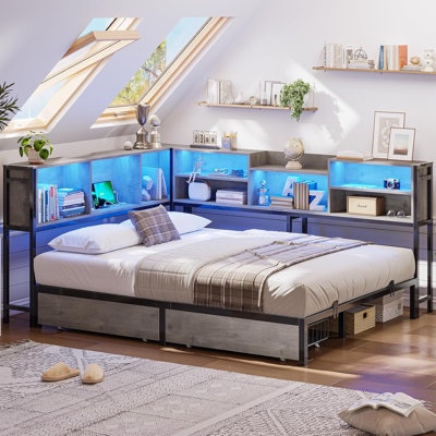 corner bed frame with storage bookcase and led lights, daybed with 2 underneath storage drawers and charging station for living room,bedroom & guest room by wrought studio™ color: gray | size: twin (incomplete box a only) 