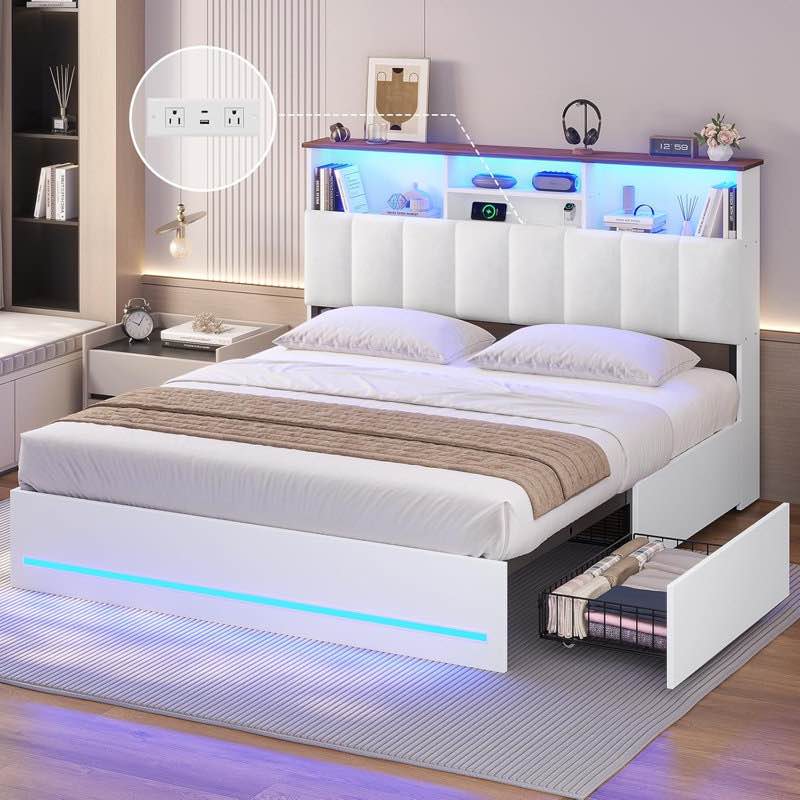 upholstered platform bed frame queen size with charging station, 4 drawers and led lights, heavy duty, no box spring needed by wrought studio™(incomplete box #2 only ) 