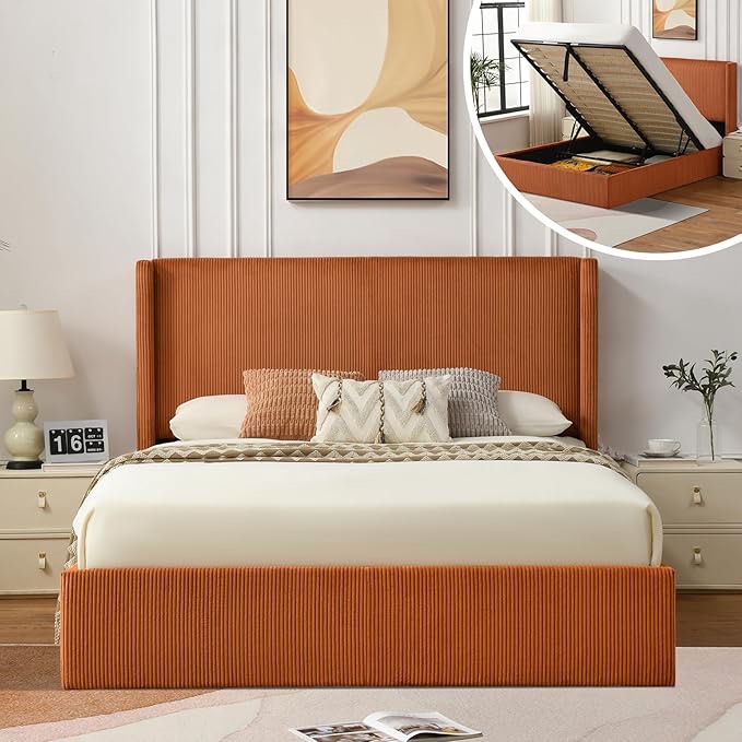 Queen bed Hydraulic Lift Up Storage, orange (incomplete one box of two only)