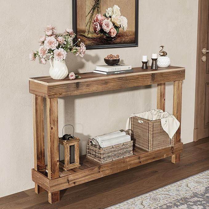60 Inch Long Console Table, Farmhouse Console Sofa Table, Solid Wood Entryway Table for Hallway, Living Room, Entrance, 2 Tiers, Easy Assembly, Natural Brown