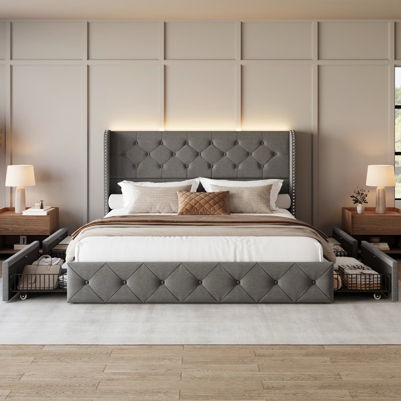 bed frame with storage drawers and tufted headboard velvet upholstered platform, led light wingback by wrought studio queen