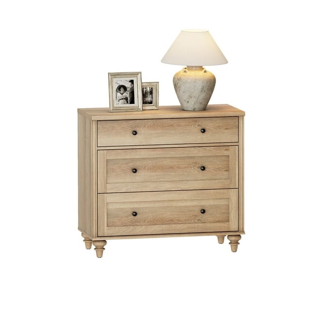 wampat farmhouse style dresser for bedroom with 3 wooden drawers, mid century modern wooden closet storage organizer, kid dressers for nursery, hallway, living room, oak