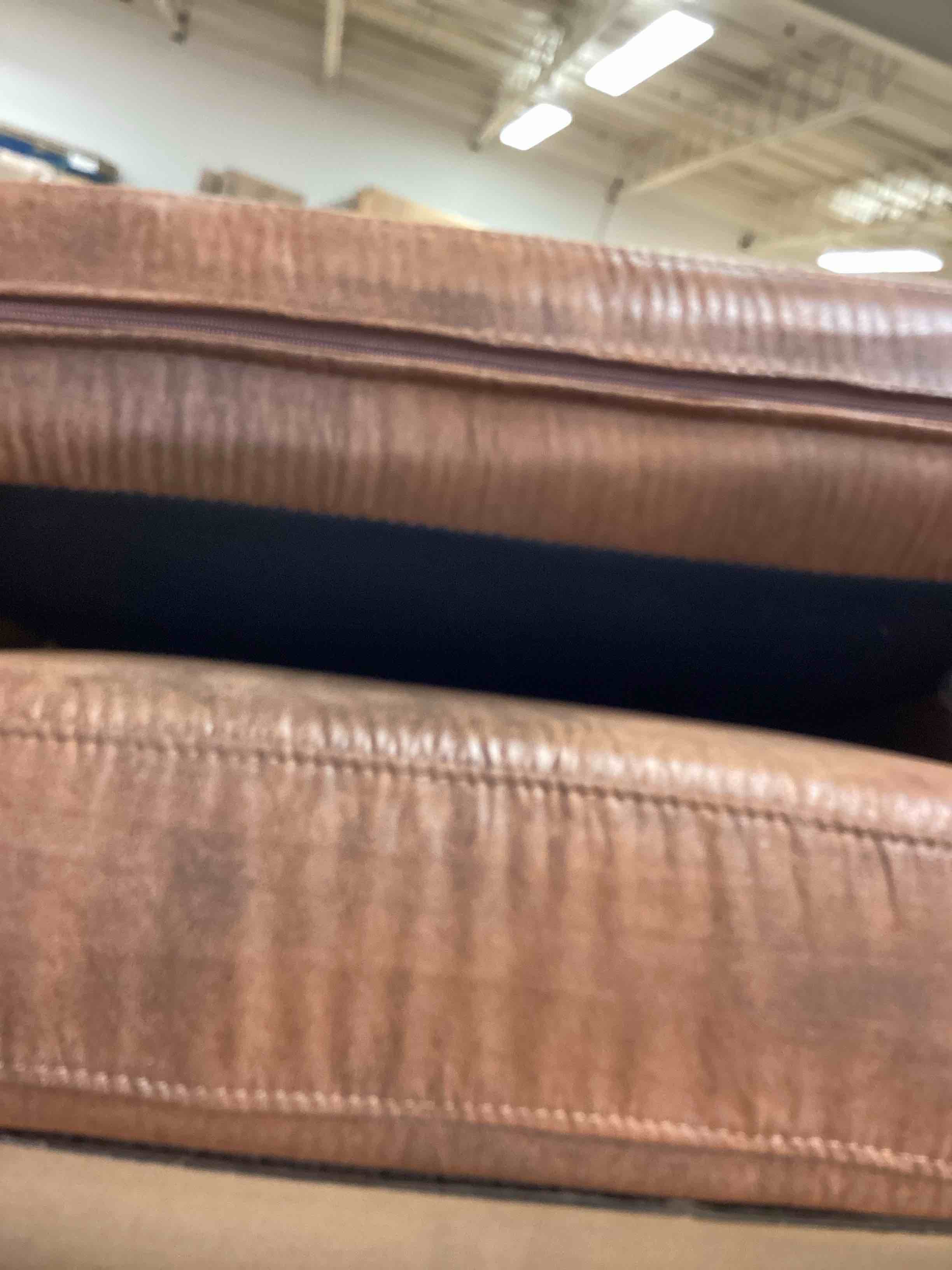Condition photo showing Good Condition for 84" w faux leather sofa couch with metal legs in camel (pickup 3 boxes)