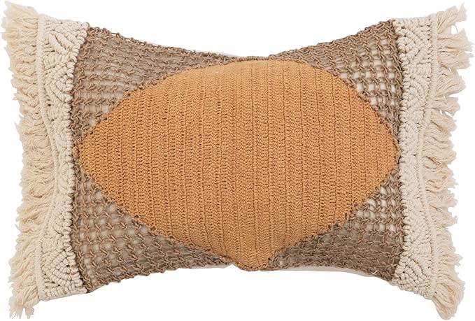 Bloomingville Hand-Woven Cotton and Jute Lumbar Macrame, Crochet and Fringe, Multicolor Pillows, 20" L x 12" W x 1" H (AH2706)