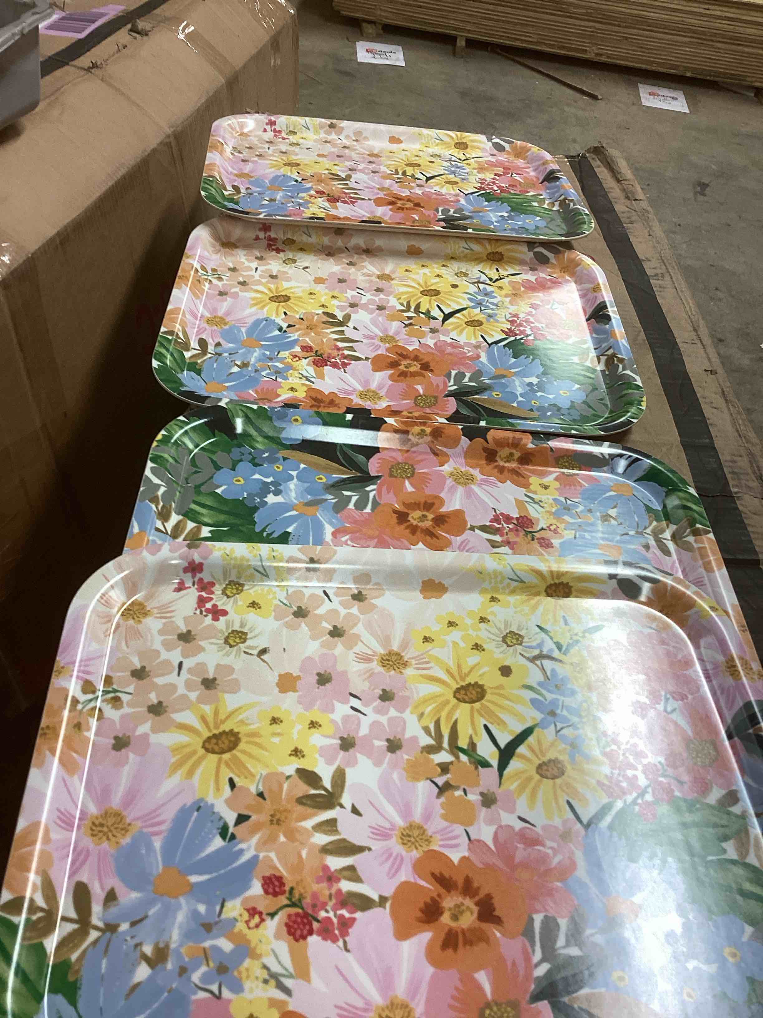 Condition photo showing New/Like New for rifle paper co. marguerite medium rectangle serving tray, bent ply tray, laminated paper and birch wood, (food and dishwasher safe, 14" l x 11" w), hostess, gift for mom, party, entertaining