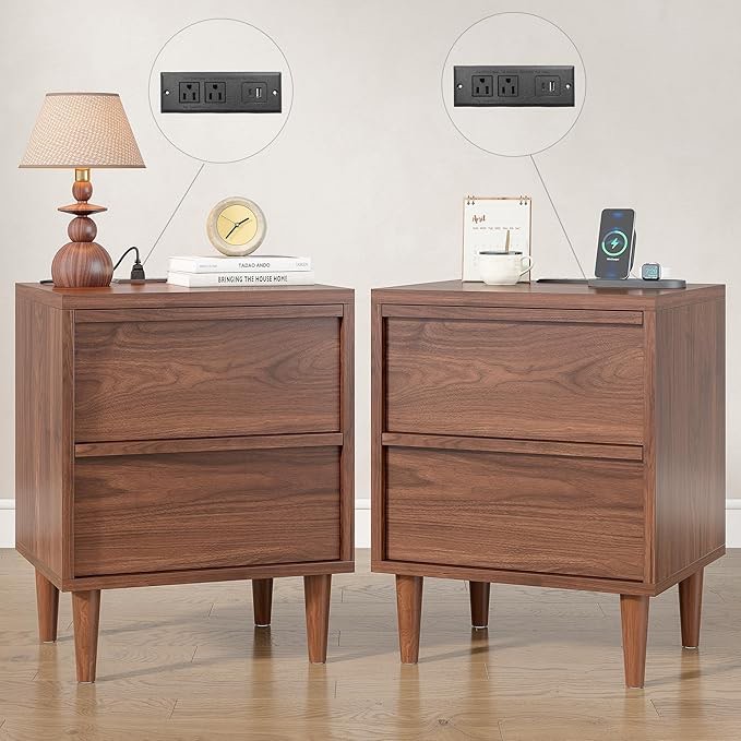 Nightstands with Charging Station Set of 2, 19" Modern Nightstand, Bedside Table with 2 Drawers, End Table with Long Wood Handles