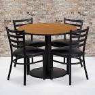 36'' Round Natural Laminate Table Set with Round Base and 4 Ladder Back Metal Chairs