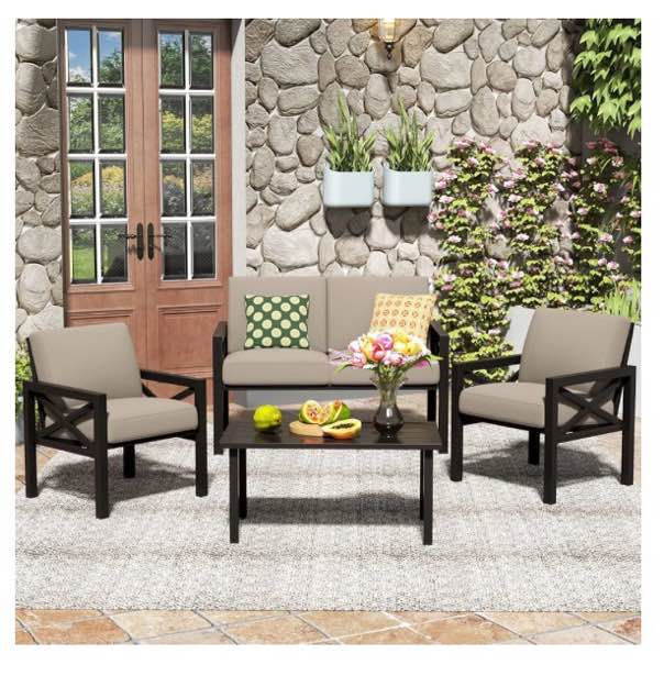 NATURAL EXPRESSIONS Outdoor Patio Furniture 2 Pieces Set, Modern Patio Conversation Sets, Outdoor Sectional Metal Sofa with 5.5 Inch Cushion and Coffee Table,Shale