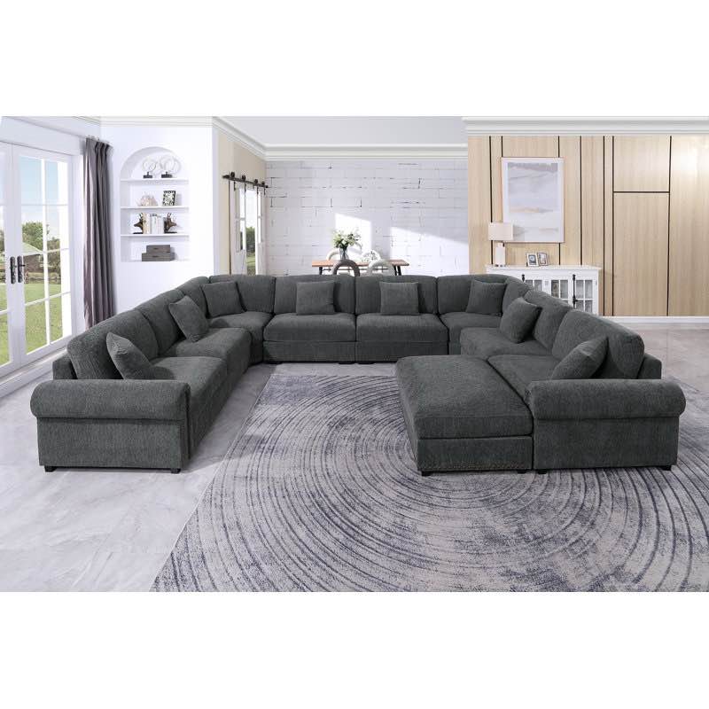 Modular Large 9 Seats Roller Arms Nailheads Cloud Couch Chenille Corner Sectional Sofa With Ottoman Dark Grey 