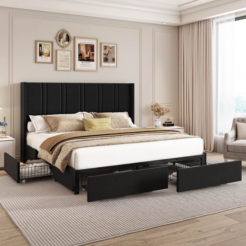upholstered platform bed frame with 4 storage drawers and wingback headboard, no box spring required, easy assembly queen(incomplete box 1 of 2)