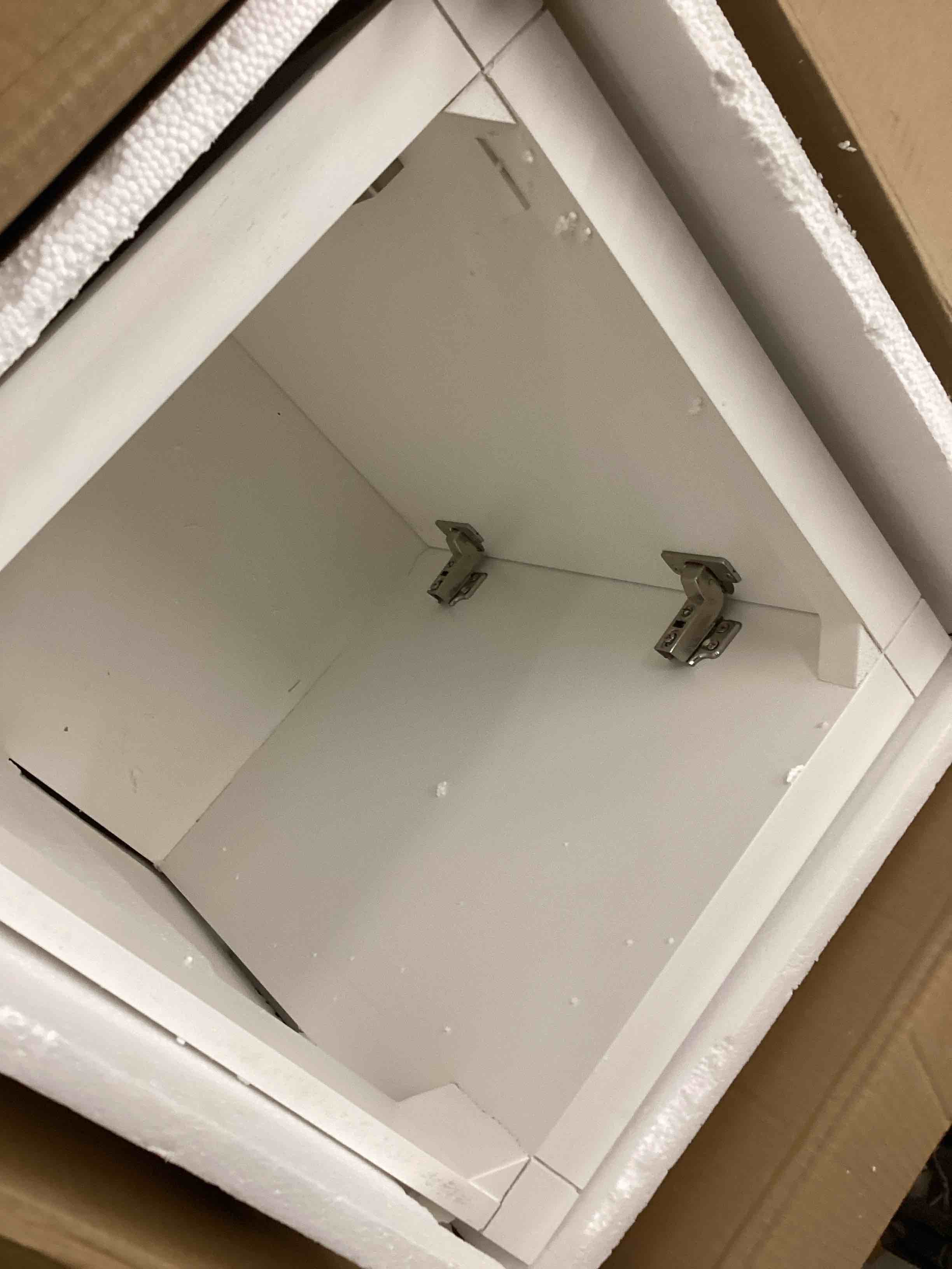 Condition photo showing As Is for 18" small bathroom vanity with soft close door divider drawer adjustable footpads saving space, white