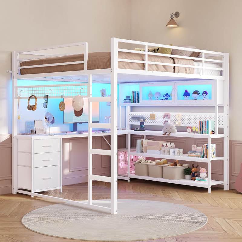 twin size loft bed with l-shaped gaming desk, hutch & storage drawers and charging station, metal loft bed frame with rgb lights by hauoms  (incomplete box a only) 