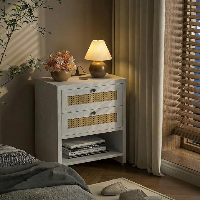 LIKIMIO Rattan Nightstand, 23inch ,white 