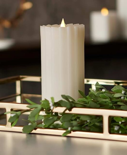 Sutton Fluted Seasonal Realistic Motion Flameless Battery Powered Pillar Candle | 3D Moving Flame | Adjustable Brightness | Translucent and Glowing Body White 4x10