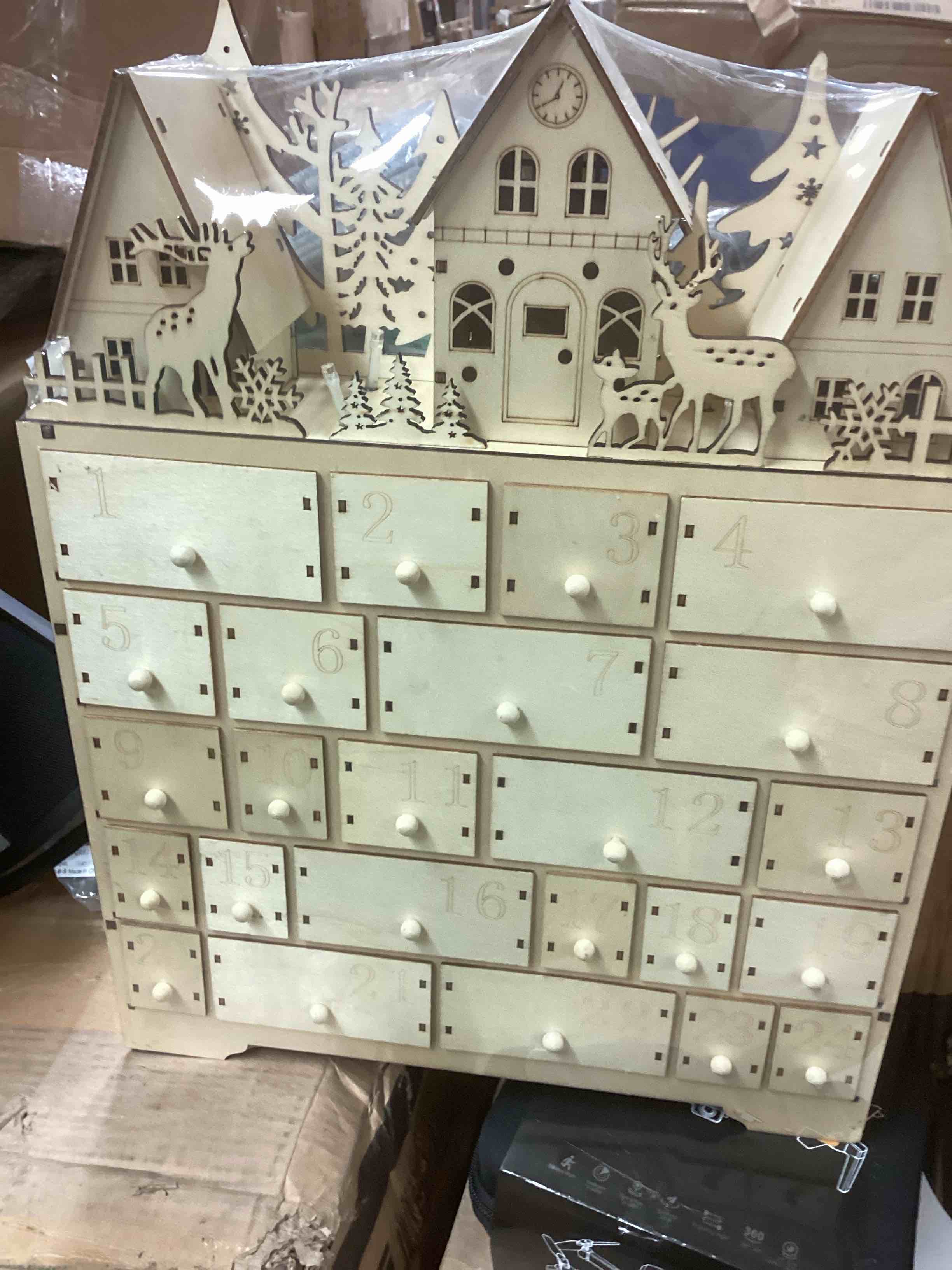 Condition photo showing New/Like New for ccinee christmas wooden advent calendar with 24 storage drawers, countdown to christmas decoration with led lights large size xmas countdown calendar for holiday decoration? upgraded?