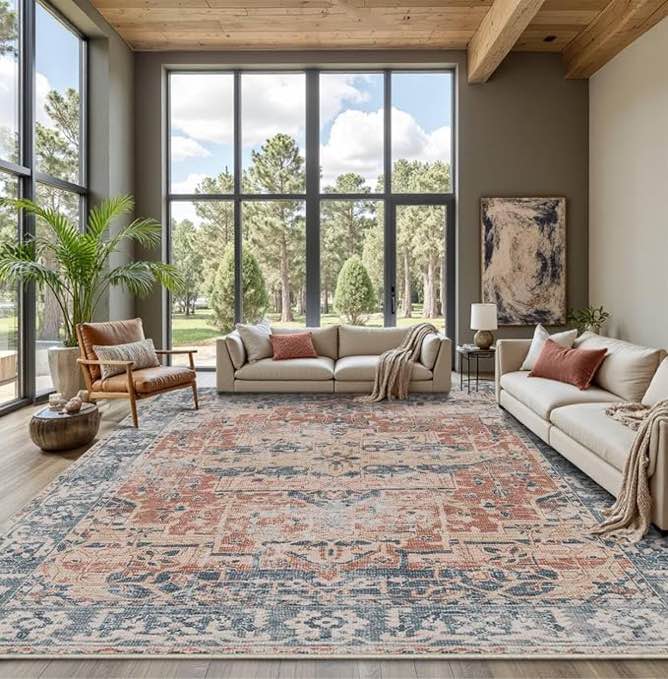 Area Rug for Living Room Bedroom, Large Washable Rug, Coral Vintage Retro Boho Rug, Non Slip & Low Pile Faux Wool Thin Carpet for Indoor Dining Room, Kids Room( size not specified)