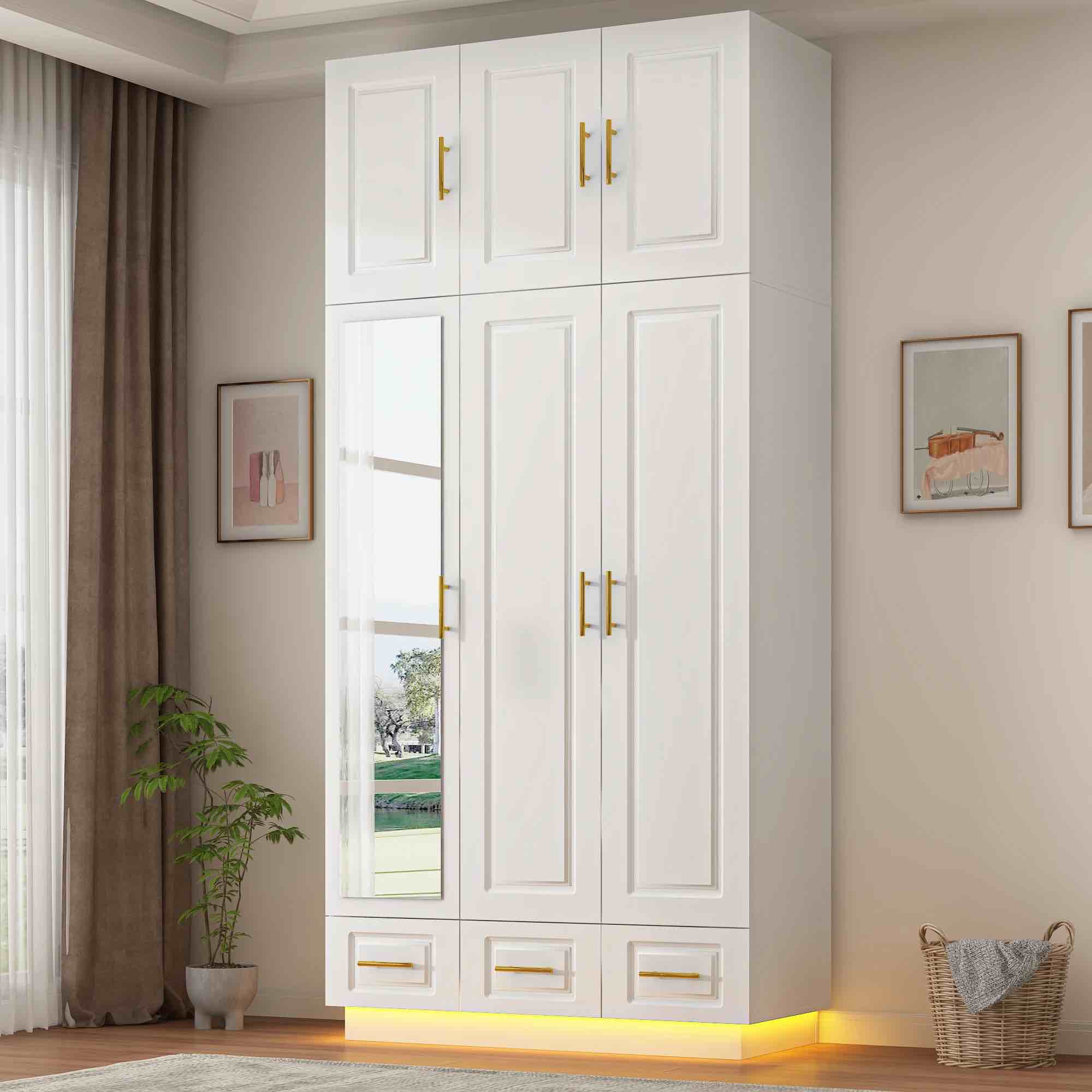 White 3-Door Armoire Wardrobe Closet with LED lights (incomplete one box of two only)