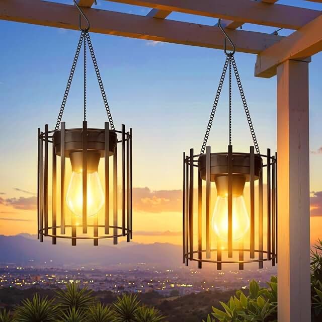 kooper solar lanterns outdoor waterproof, upgraded bright hanging solar lights outdoor lanterns decorative, auto on/off metal hanging lantern lights for proch yard patio garden decor 2 pack