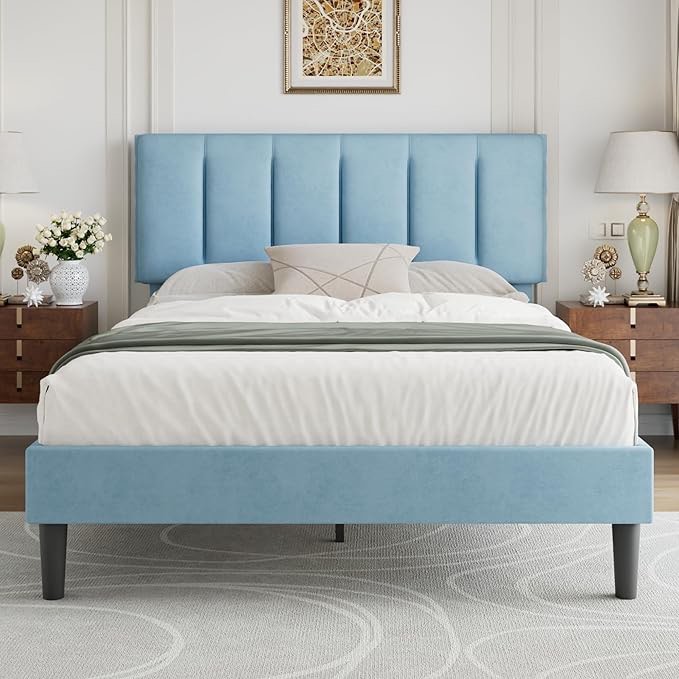 queen size bed frame with upholstered headboard, heavy-duty bedframe with wooden slats & steel framework, easy assembly, light blue ( incomplete one box of two only)