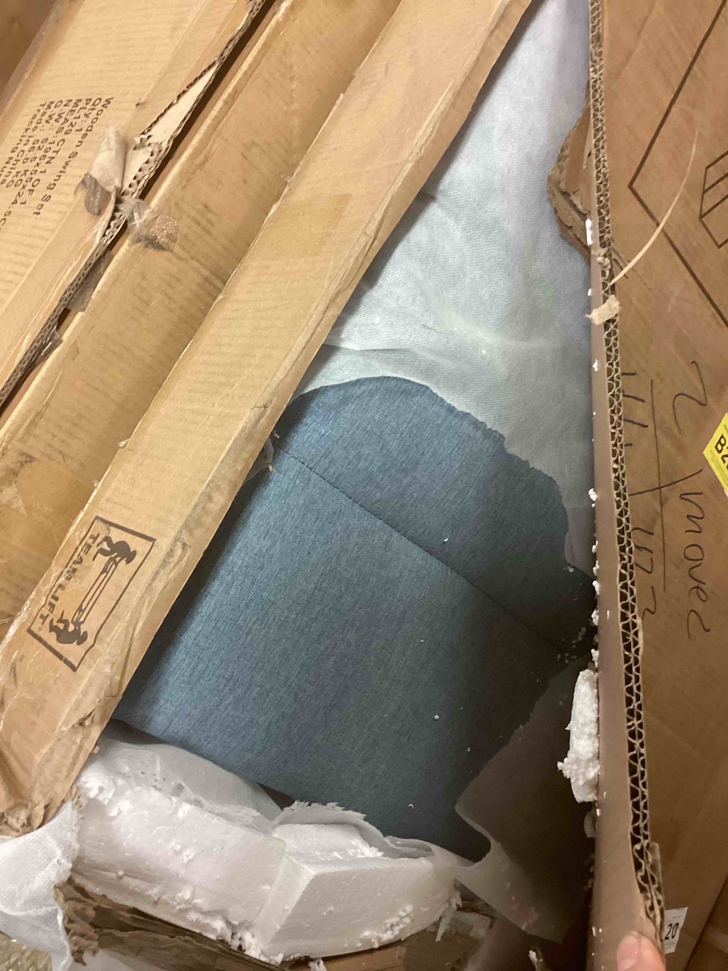 Condition photo showing Good Condition for queen size bed frame with upholstered headboard, heavy-duty bedframe with wooden slats & steel framework, easy assembly, light blue ( incomplete one box of two only)