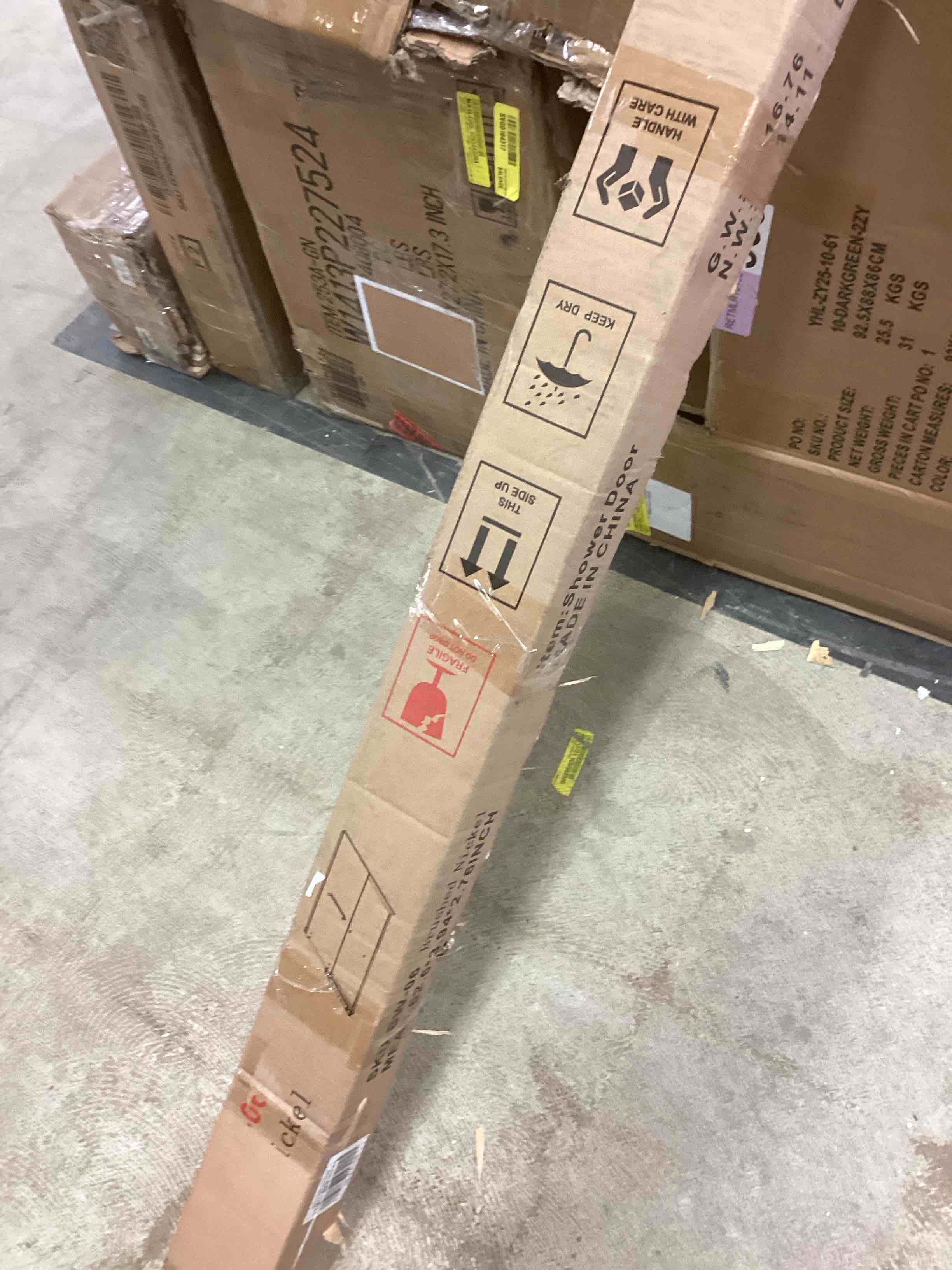 Condition photo showing Good Condition for 50-60 inch double sliding frameless soft-close shower door (incomplete one box of two)