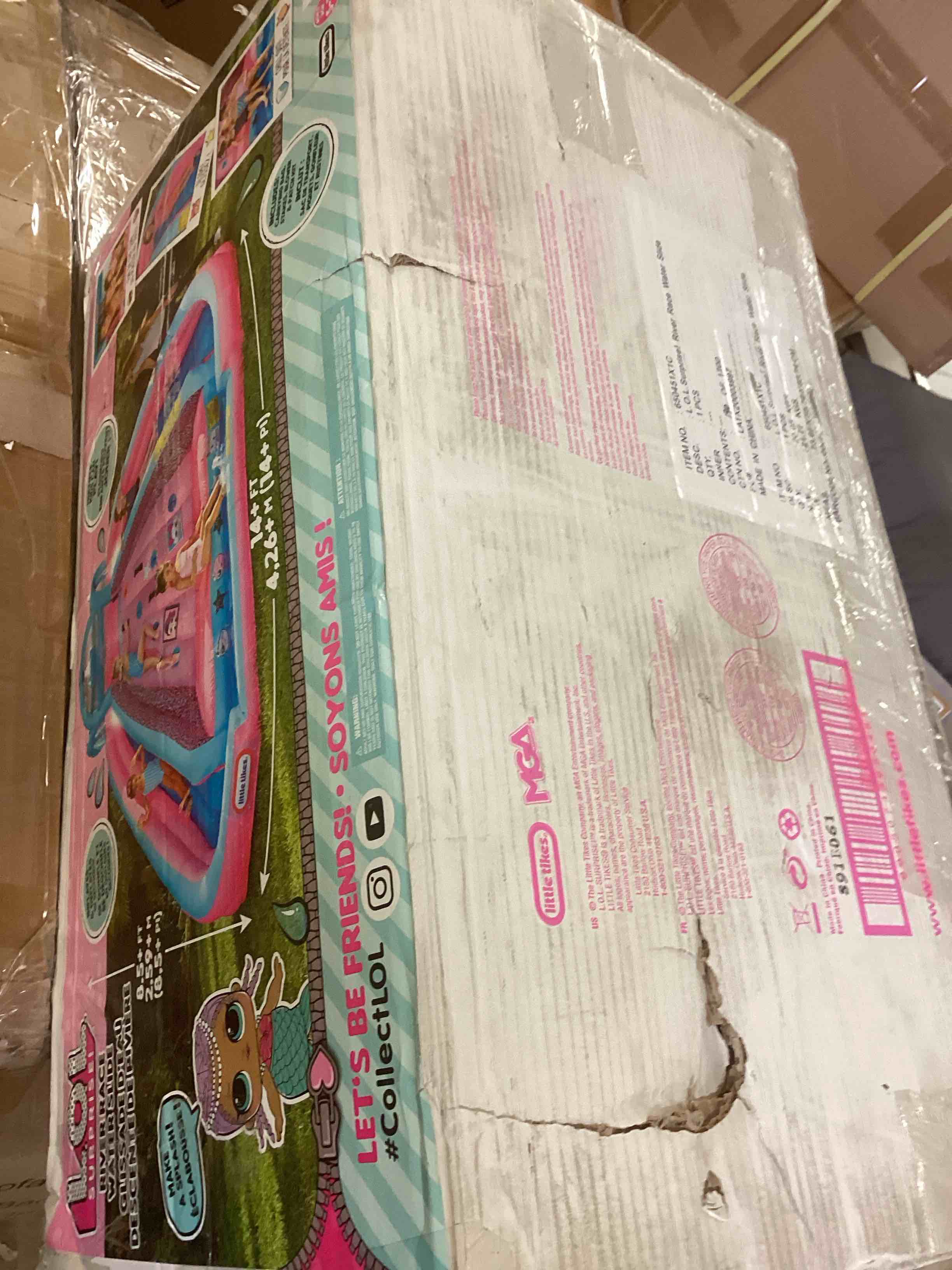 Condition photo showing New/Like New for lol surprise pink river race inflatable water park 2 slides climbing wall & blower outdoor toy ages 4 and up