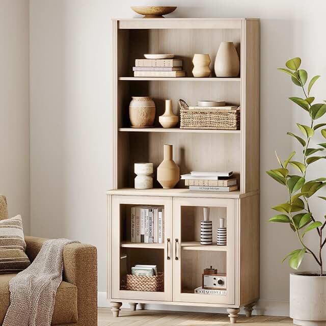 wampat 5 tier tall bookcase with glass doors, large farmhouse display book shelf with adjustable shelves and storage cabinet, wooden bookshelves for living room, library, office, bedroom, oak (incomplete one box of two only)
