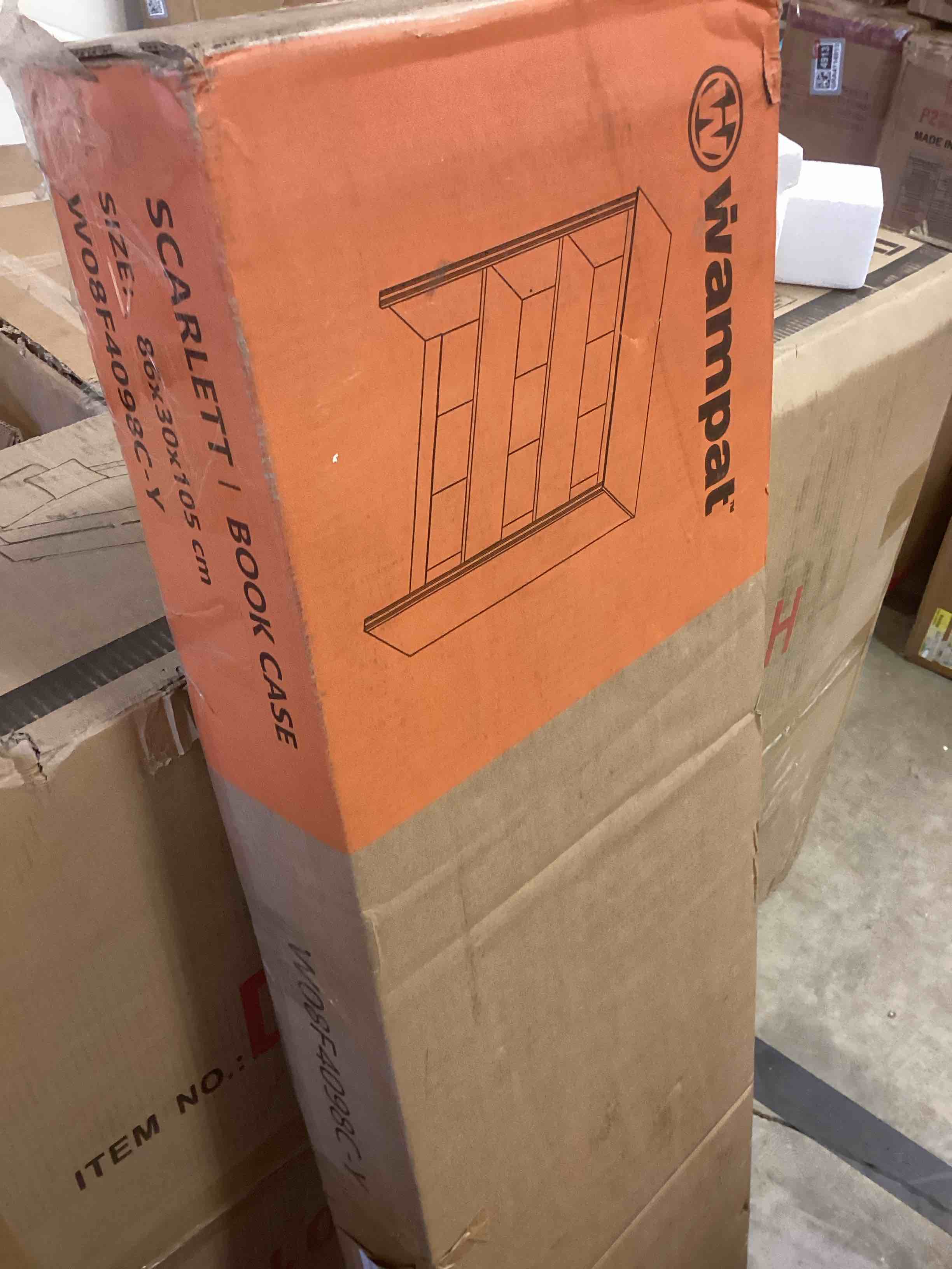 Condition photo showing Good Condition for wampat 5 tier tall bookcase with glass doors, large farmhouse display book shelf with adjustable shelves and storage cabinet, wooden bookshelves for living room, library, office, bedroom, oak (incomplete one box of two only)