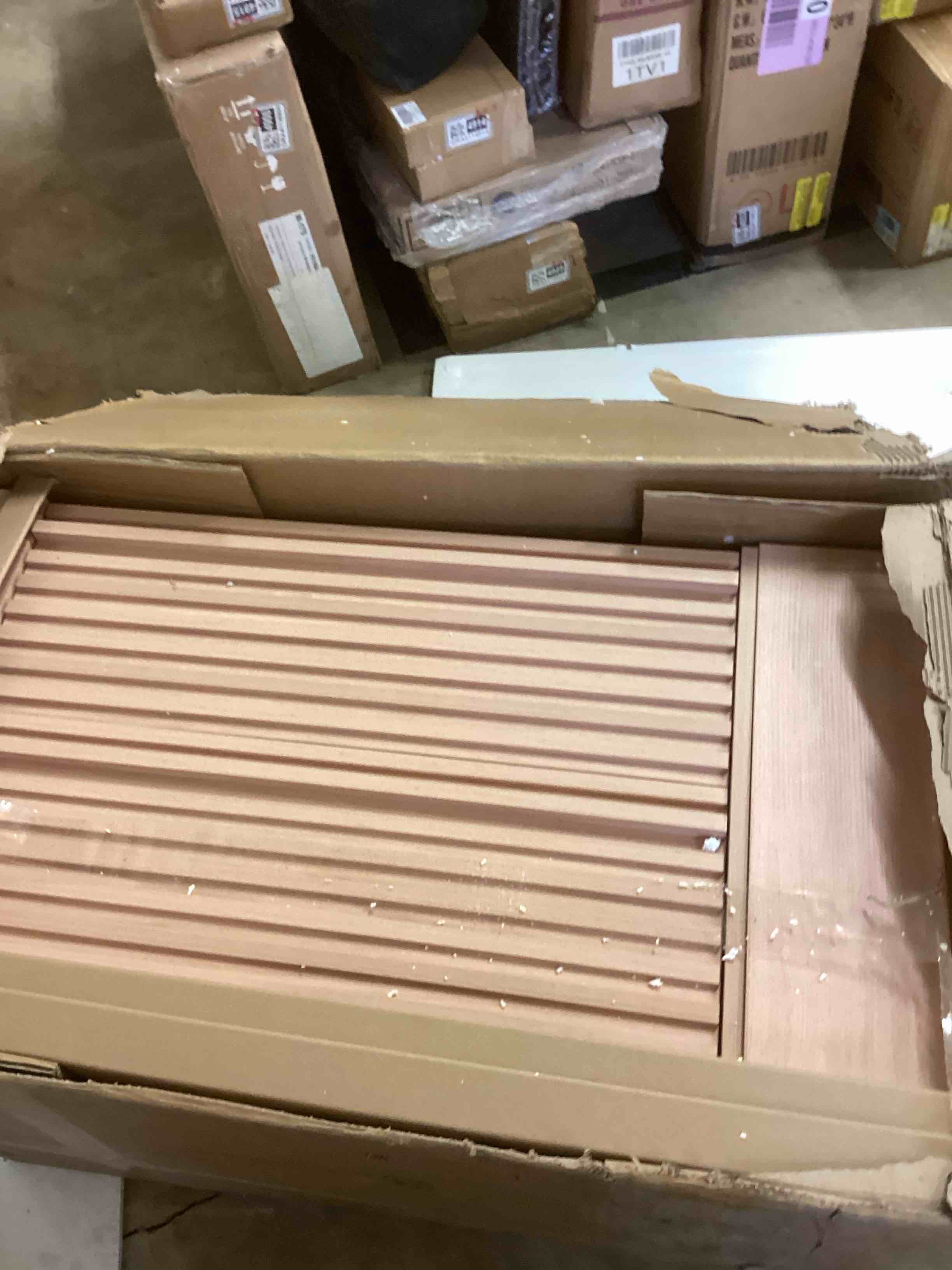 Condition photo showing New/Like New for 36” floating bathroom vanity 2-drawer and open storage shelves ,natural oak (incomplete missing top)