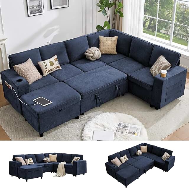 118" modular sectional sleeper sofa with pull out bed, oversized convetible sofa bed with storage chaise, u-shape sectional couch for living room apartment (dark blue, 6 seats sofa bed) (incomplete one box of 4 only)