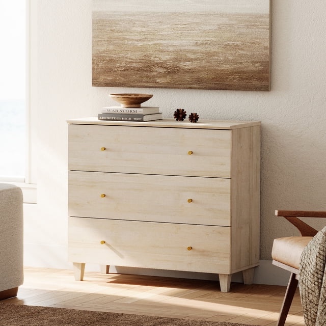 3-drawer dresser for bedroom, wood bachelors chest, 35.4 inches wide chest of drawer for closet organizer, biscotti