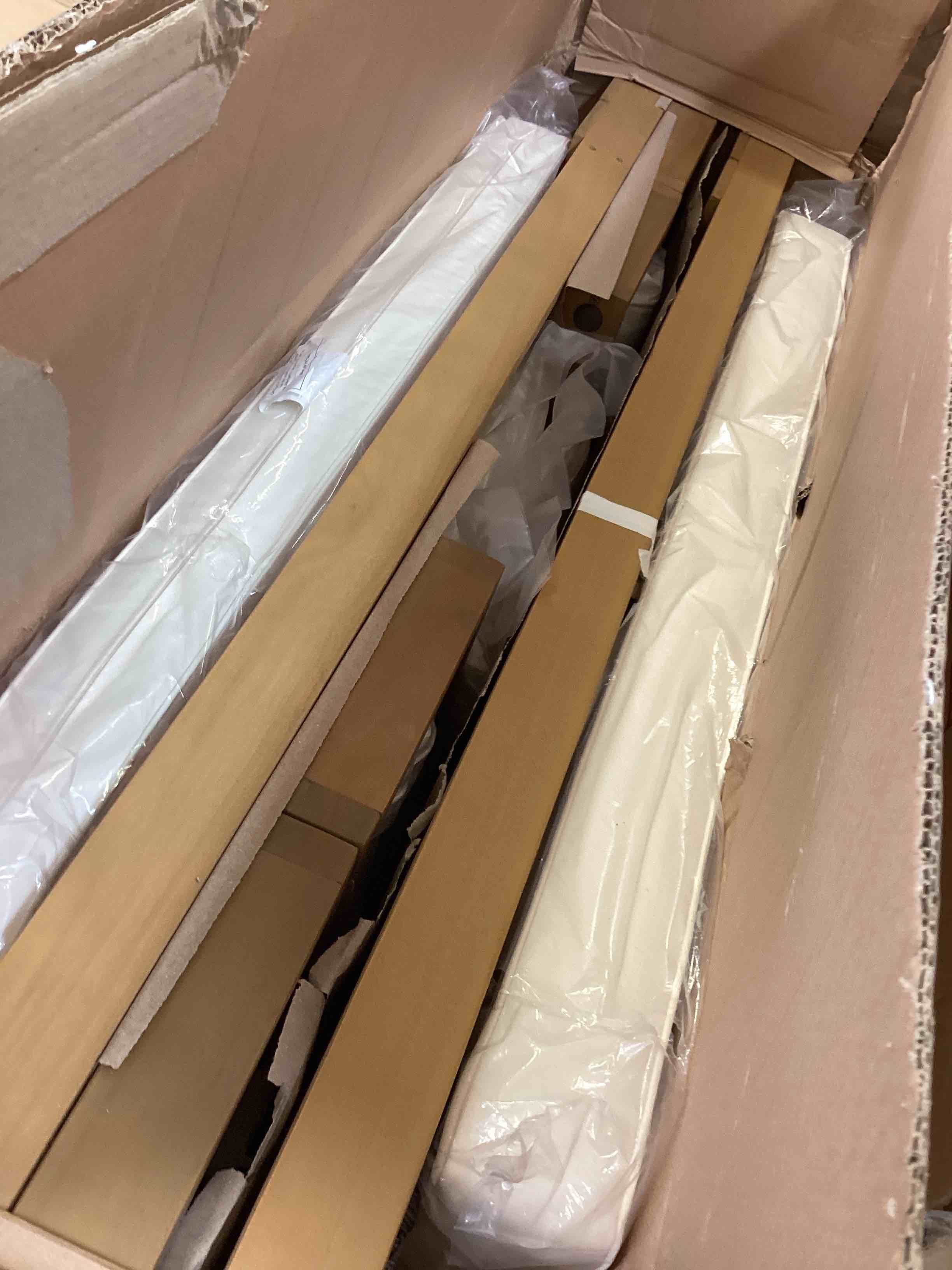 Condition photo showing New/Like New for soleil jardin 4 piece acacia wood patio furniture l-shaped outdoor sectional sofa set with coffee table, fsc certified conversation set with built-in side table and cream white cushions for garden (incomplete box 1 of 2 only bench 2 right)