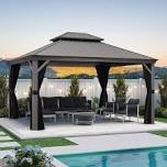 aoxun 12'x14' hardtop gazebo, aluminum frame permanent pavilion with curtains and netting, outdoor polycarbonate double roof canopy, designed for garden, lawns, patio, gray (incomplete box #4 only of 4 )