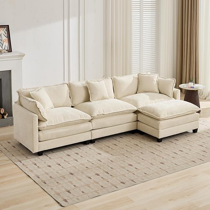 howcool 113" modular sectional sofa , 3 seater l-shaped cloud couch with movable ottoman, usb charging ports & side pockets, sectional couchs for living room,chenille fabric,beige(thick sponge) (incomplete one box only)