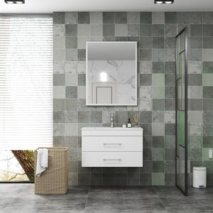 Bathroom cabinet with two drawers, ceramic sink, and aluminum frame