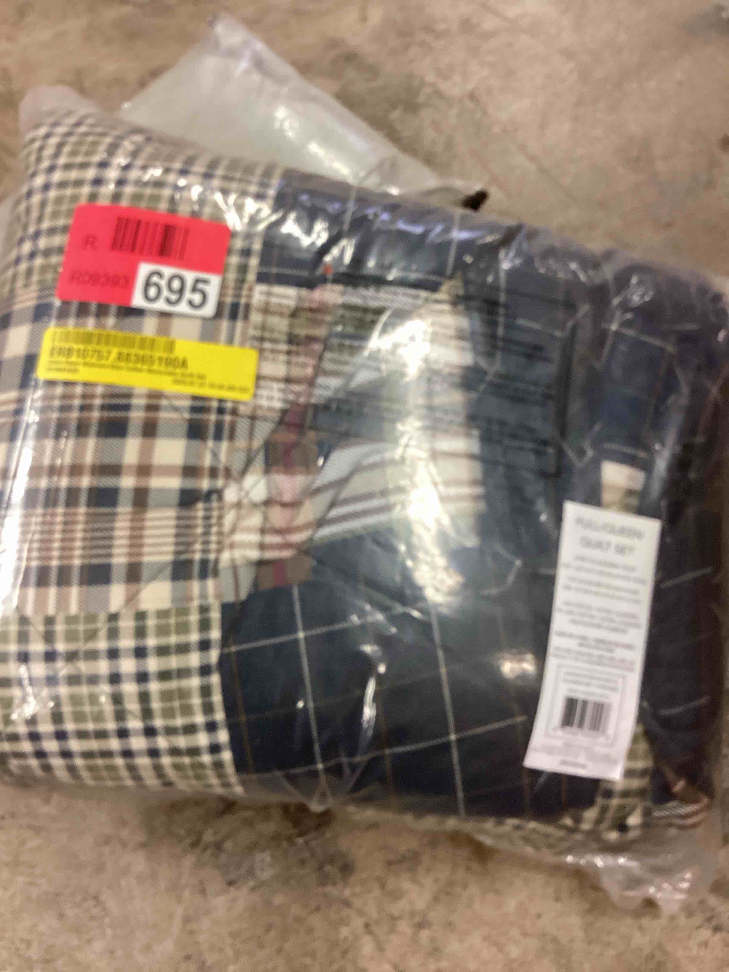Condition photo showing Good Condition for eddie bauer 3pc full/queen madrona plaid quilt set navy blue: includes 2 shams, machine washable, tumble dry