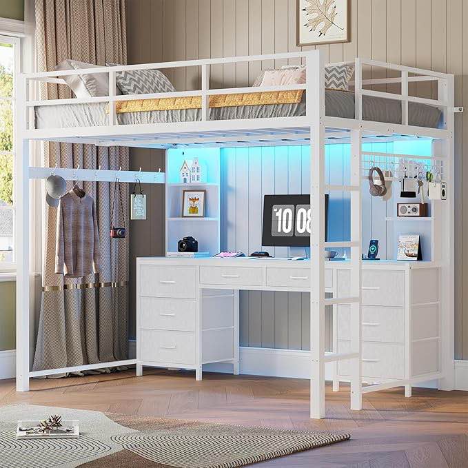 loft bed with desk and 8 storage drawers ,metal loft bed (incomplete one box only)