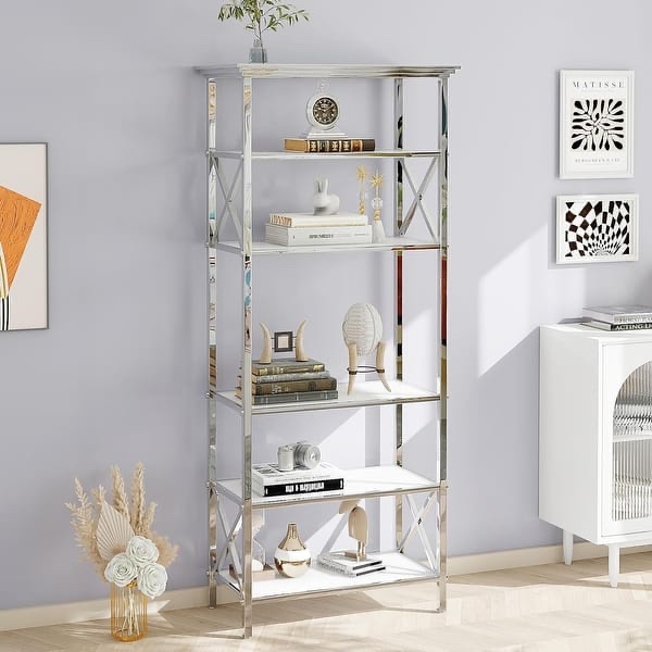71 inch tall 6 tiers glass and silver display shelf bookcase 