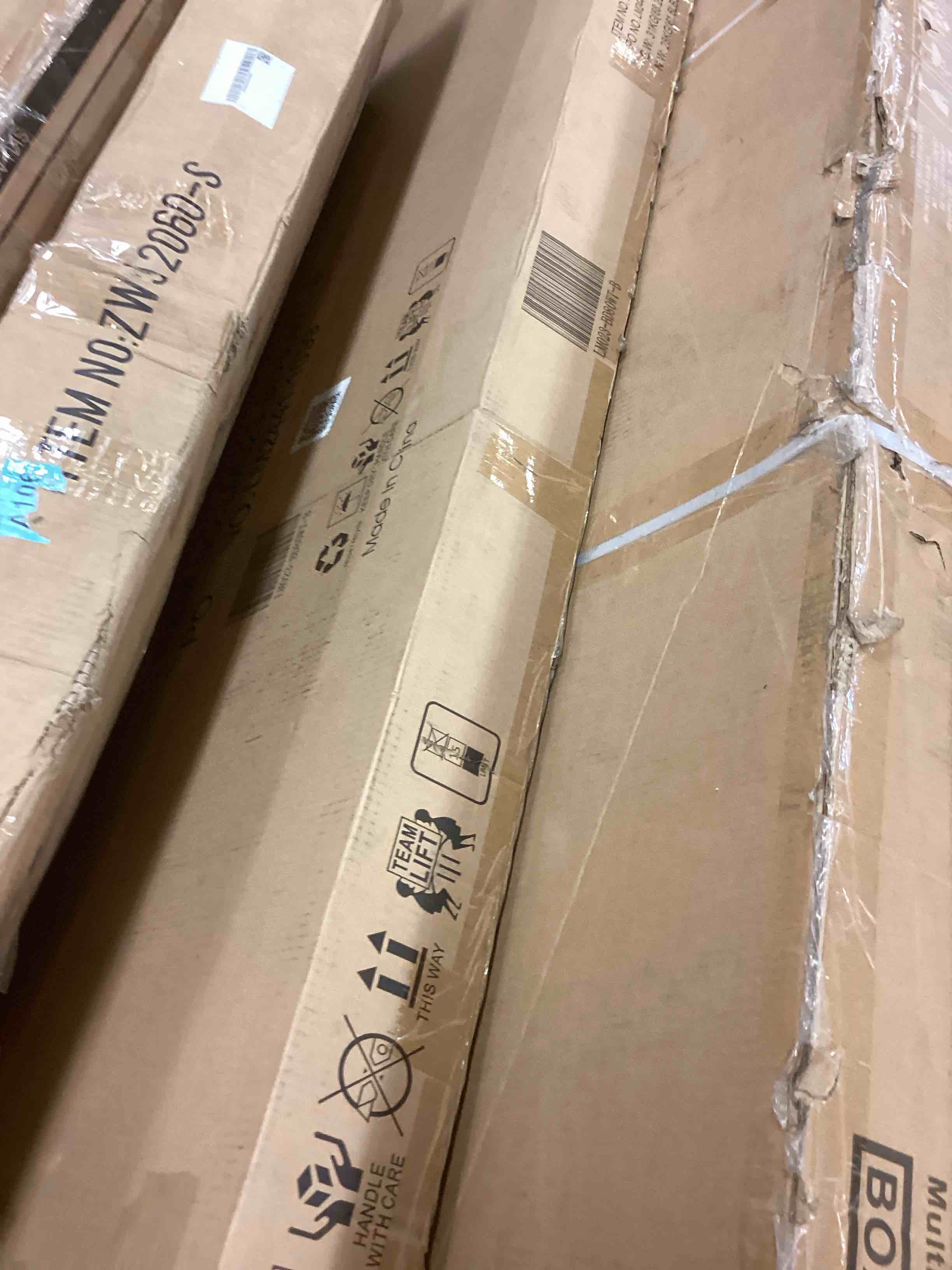 Condition photo showing New/Like New for jxqtlingmu farmhouse wood bed frame king size with sliding barn door storage cabinets and headboard, solid wood slats support, noiseless, no box spring needed, antique white (incomplete one box of two only)