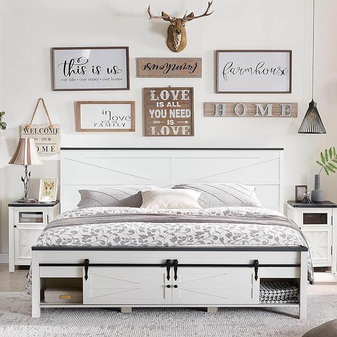 jxqtlingmu farmhouse wood bed frame king size with sliding barn door storage cabinets and headboard, solid wood slats support, noiseless, no box spring needed, antique white (incomplete one box of two only)