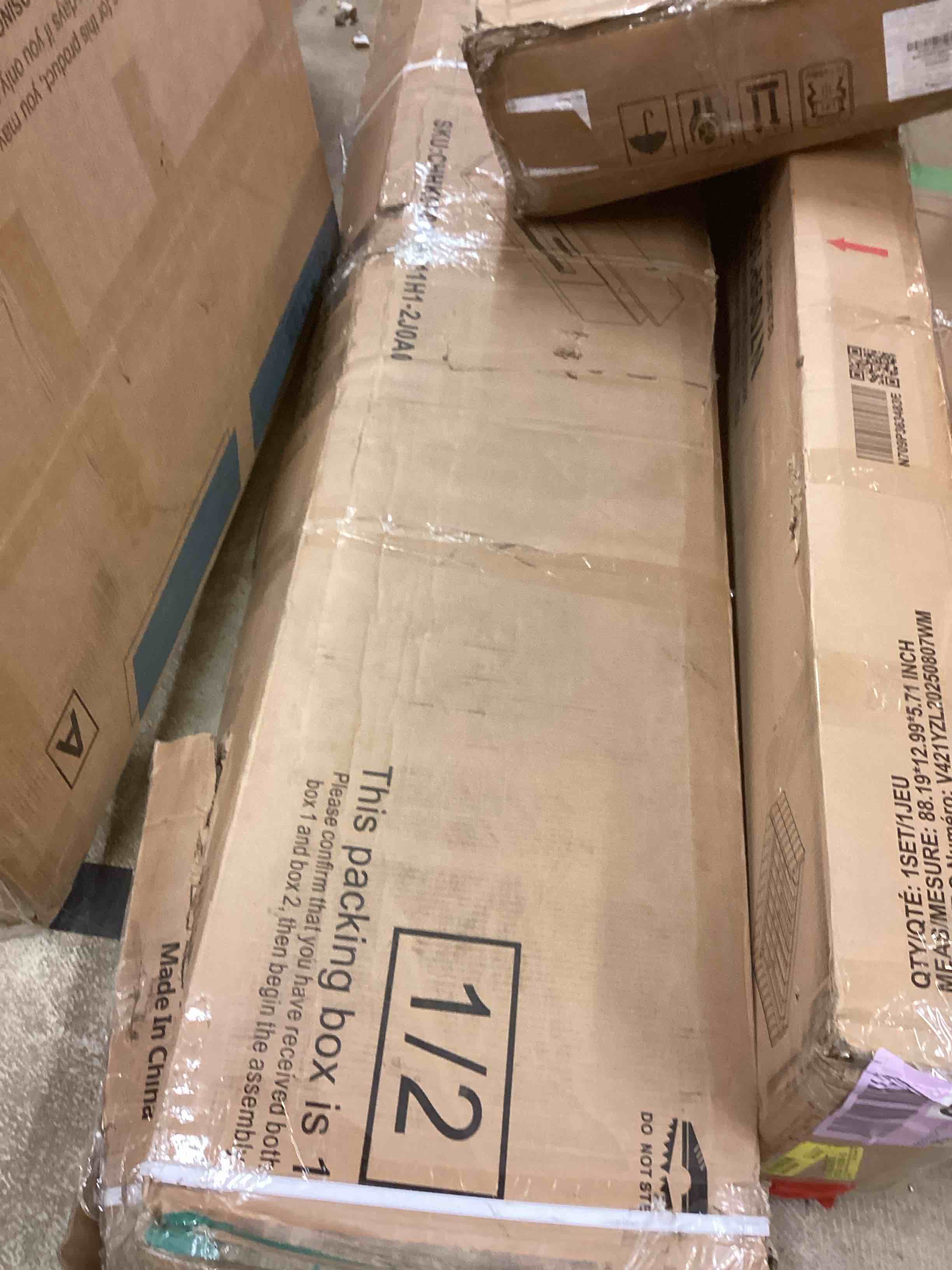 Condition photo showing As Is for amerlife 80" tv stand, 40" fireplace, white (incomplete one box of two only)