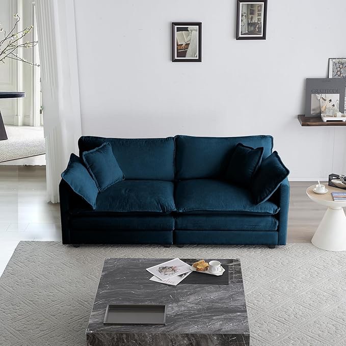 Modern Blue Chenille 2-Seater Loveseat Sofa Couch, Deep Seat Upholstered Sofa with 4 Pillows, Large Size Comfy Sofa for Living Room, Bedroom, Office