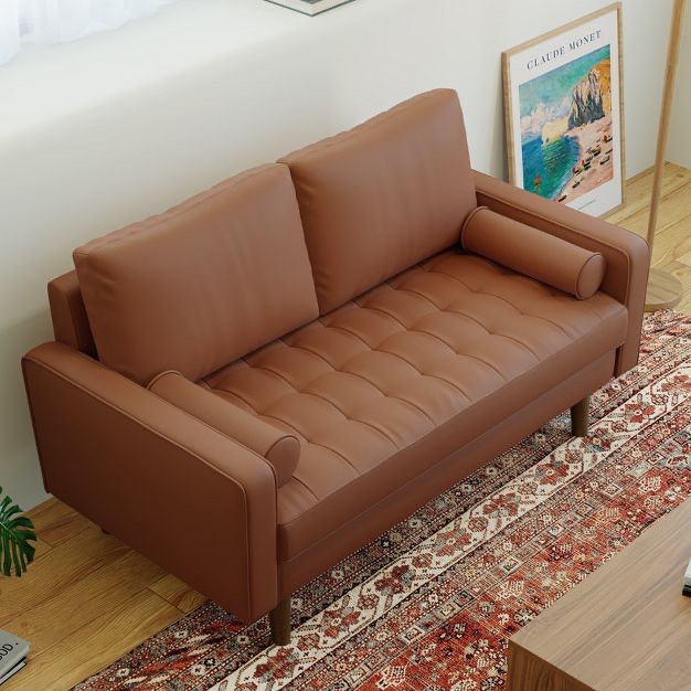 Tree City- 58" Faux Leather Loveseat Sofa, Mid-Century Modern 2-Seater Couch for Small Spaces, Office, Apartment - Brown
