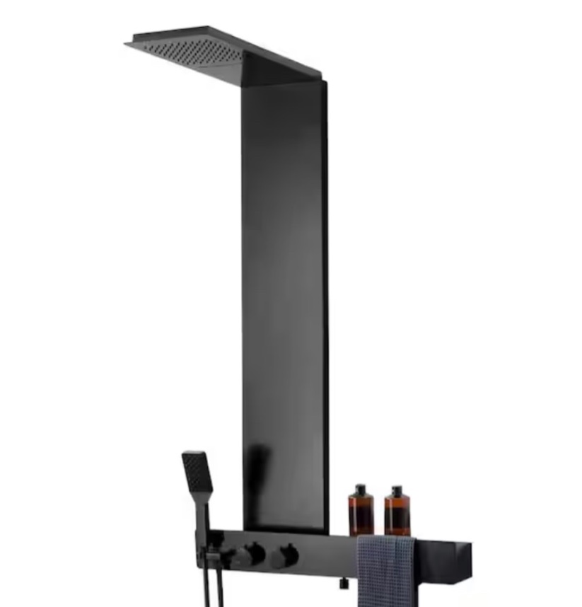 rainfall shower tower shower panel system with storage shelf waterfall shower head and shower wand in matte black